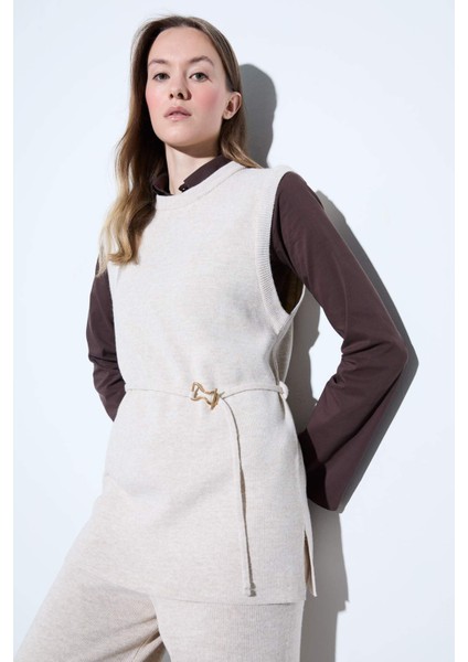 Bisiklet Yaka Kemer Detaylı Triko Süveter F0156AX25WN