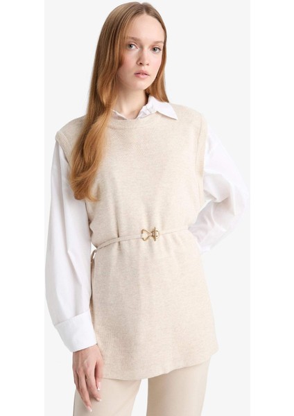 Bisiklet Yaka Kemer Detaylı Triko Süveter F0156AX25WN