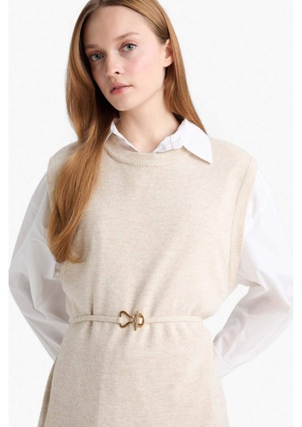 Bisiklet Yaka Kemer Detaylı Triko Süveter F0156AX25WN