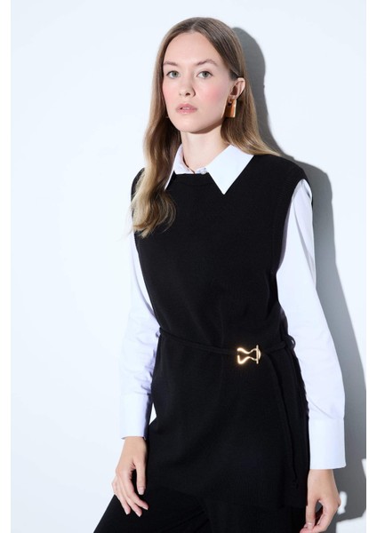 Bisiklet Yaka Kemer Detaylı Triko Süveter F0156AX25WN