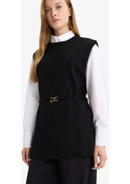 Bisiklet Yaka Kemer Detaylı Triko Süveter F0156AX25WN