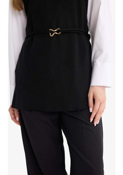 Bisiklet Yaka Kemer Detaylı Triko Süveter F0156AX25WN