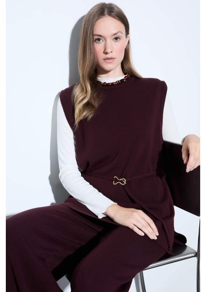 Bisiklet Yaka Kemer Detaylı Triko Süveter F0156AX25WN