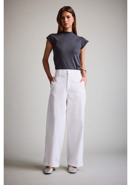 Barrel Fit Çift Cepli Yüksek Bel Düz Paça Gabardin Pantolon