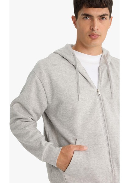 Relax Fit Kapüşonlu İçi Yumuşak Tüylü Basic Düz Cepli Kalın Fermuarlı Sweatshirt D7599AX25AU