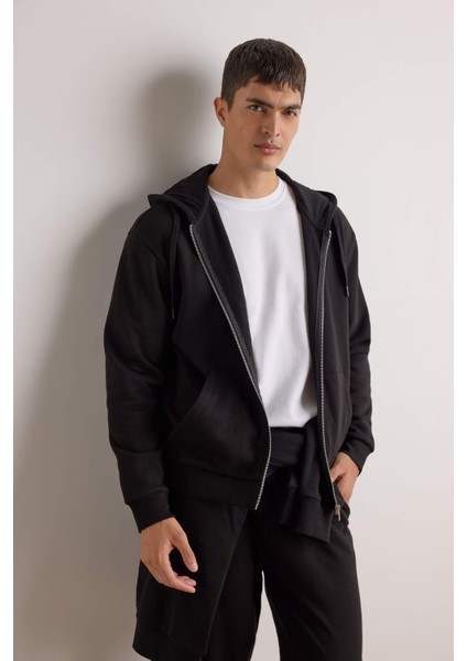 Comfort Fit Kapüşonlu İçi Yumuşak Tüylü Basic Düz Cepli Kalın Fermuarlı Sweatshirt D7599AX25AU