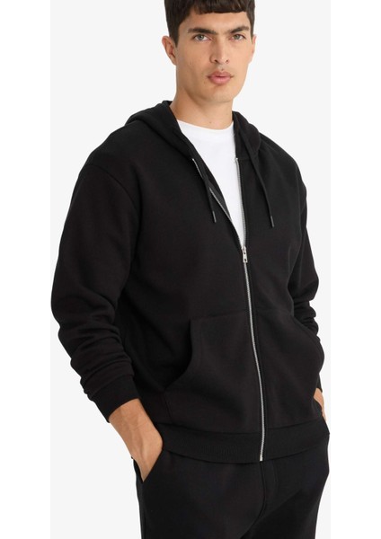 Comfort Fit Kapüşonlu İçi Yumuşak Tüylü Basic Düz Cepli Kalın Fermuarlı Sweatshirt D7599AX25AU fırsatları