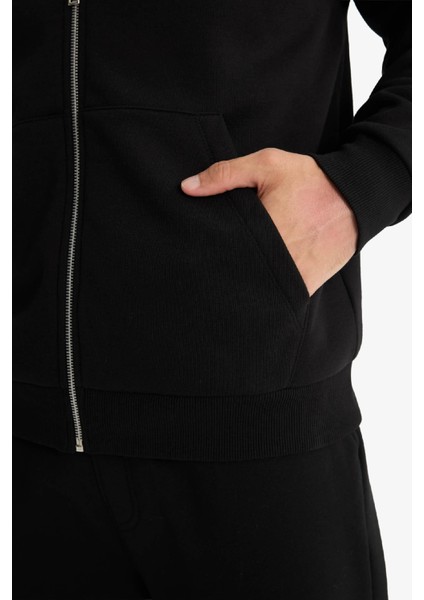 Comfort Fit Kapüşonlu İçi Yumuşak Tüylü Basic Düz Cepli Kalın Fermuarlı Sweatshirt D7599AX25AU