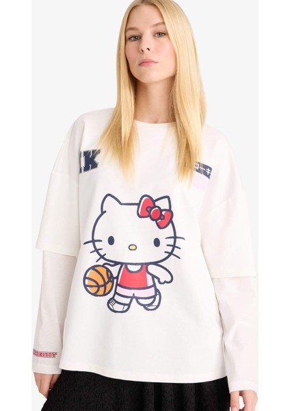 Coool Hello Kitty Oversize Geniş Kalıp Bisiklet Yaka Uzun Kollu Tişört F8920AX25AU