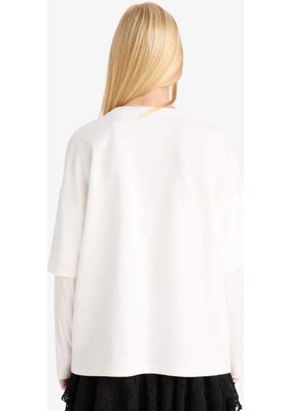 Coool Hello Kitty Oversize Geniş Kalıp Bisiklet Yaka Uzun Kollu Tişört F8920AX25AU