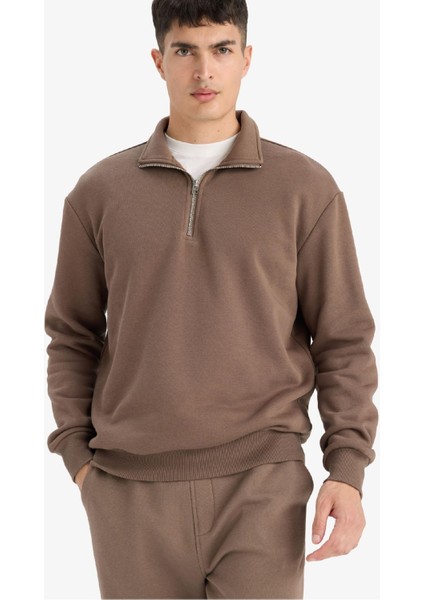 Regular Fit Dik Yaka Yarım Fermuarlı İçi Yumuşak Tüylü Basic Düz Sweatshirt X7405AZ25AU modelleri