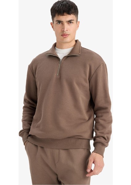 Regular Fit Dik Yaka Yarım Fermuarlı İçi Yumuşak Tüylü Basic Düz Sweatshirt X7405AZ25AU indirimleri
