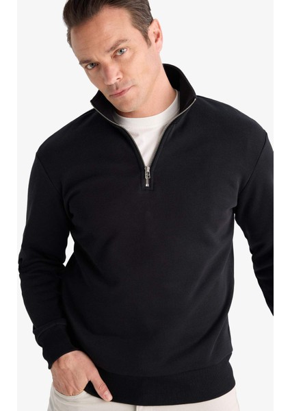 Regular Fit Dik Yaka Yarım Fermuarlı İçi Yumuşak Tüylü Basic Düz Sweatshirt X7405AZ25AU indirimleri