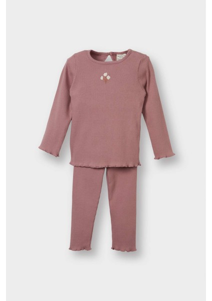 Kız Bebek 2'li Takım Çiçekli Fitilli Kaşkorse Uzun Kollu Tişört Üst Beli Lastikli Alt Y1122A224AU