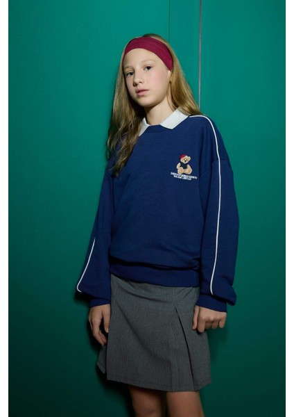 Kız Çocuk Oversize Geniş Kalıp Bisiklet Yaka Baskılı Sweatshirt F2250A825AU