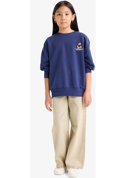 Kız Çocuk Oversize Geniş Kalıp Bisiklet Yaka Baskılı Sweatshirt F2250A825AU