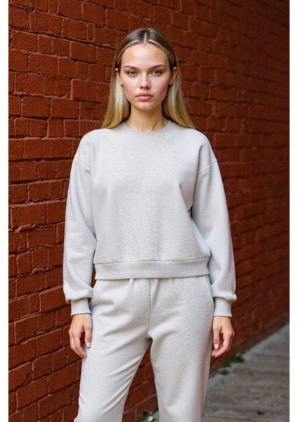 Coool Oversize Geniş Kalıp Bisiklet Yaka Basic Düz Kalın Gri Sweatshirt D9022AXNS