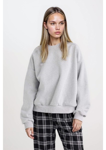 Coool Oversize Geniş Kalıp Bisiklet Yaka Basic Düz Kalın Gri Sweatshirt D9022AXNS indirimleri