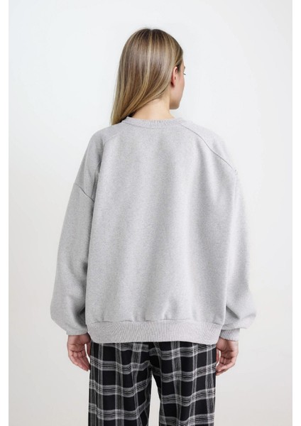 Coool Oversize Geniş Kalıp Bisiklet Yaka Basic Düz Kalın Gri Sweatshirt D9022AXNS