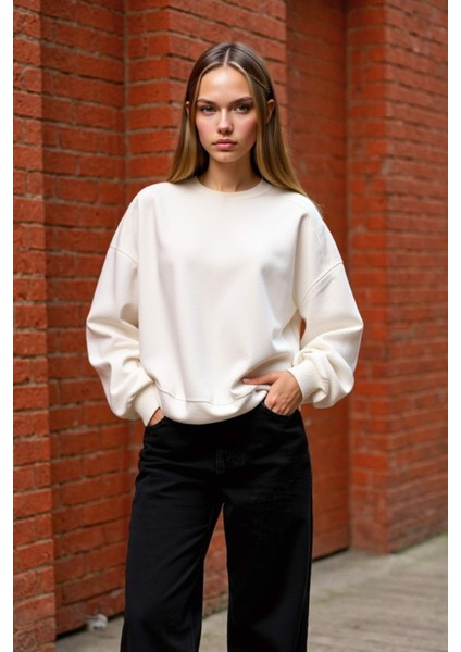 Coool Oversize Geniş Kalıp Bisiklet Yaka Basic Düz Kalın Sweatshirt D9022AXNS
