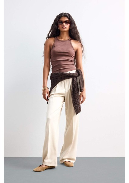 Wide Leg Fermuarlı Yüksek Bel Standart Boy Pantolon F9747AX25AU