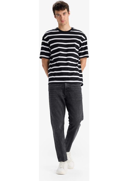 %100 Pamuk Boxy Fit Rahat Kesim Bisiklet Yaka Çizgili Kısa Kollu Tişört E1160AX25AU fırsatları