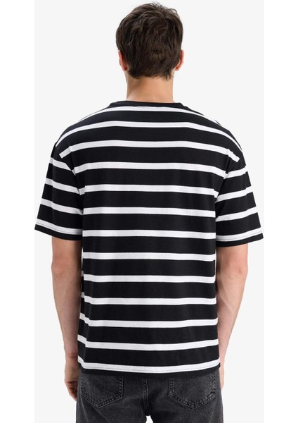 %100 Pamuk Boxy Fit Rahat Kesim Bisiklet Yaka Çizgili Kısa Kollu Tişört E1160AX25AU