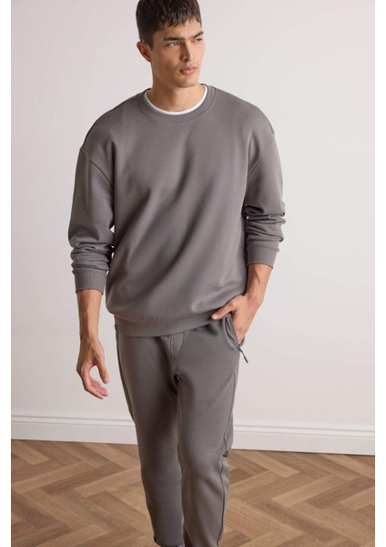 Boxy Fit Bisiklet Yaka Basic Düz Pike Sweatshirt E1519AX25AU