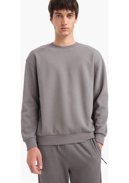 Boxy Fit Bisiklet Yaka Basic Düz Pike Sweatshirt E1519AX25AU