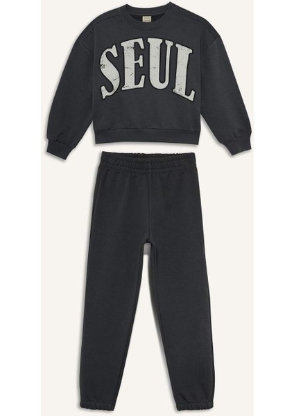 Kız Çocuk 2'li Takım Baskılı Sweatshirt Eşofman Altı E6416A825AU