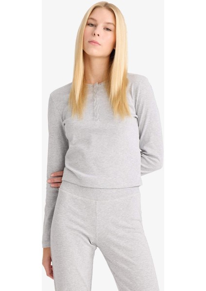 Fitted Düğmeli Yaka Ribana Uzun Kollu Tişört E7680AX25AU