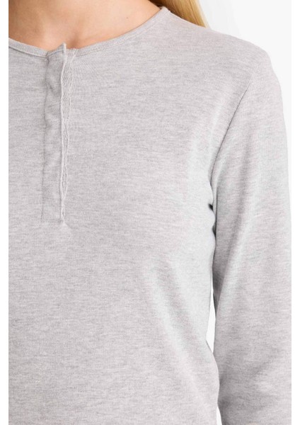 Fitted Düğmeli Yaka Ribana Uzun Kollu Tişört E7680AX25AU