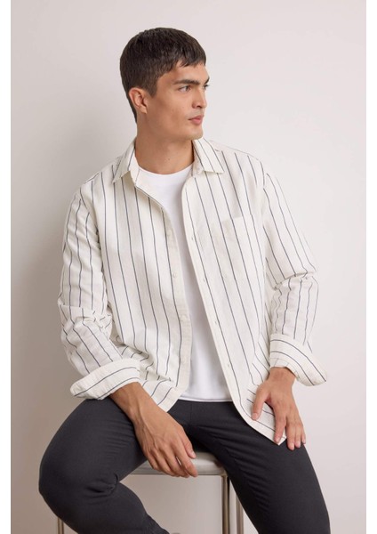 Regular Fit Polo Yaka Pamuklu Uzun Kollu Çizgili Gömlek E7893AX25AU