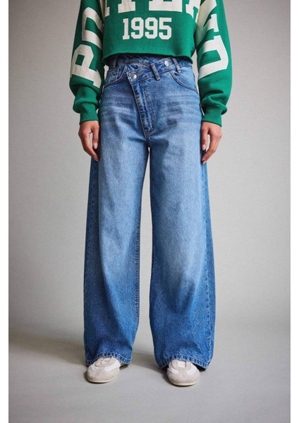 Wide Leg Yüksek Bel Uzun Jean Yıkamalı Pantolon F5523AX25AU