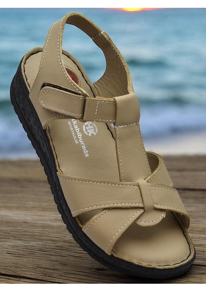 204 Tam Ortopedik Hakiki Deri Kadın Sandalet Topuk Jel Taban Kadın Deri Sandalet