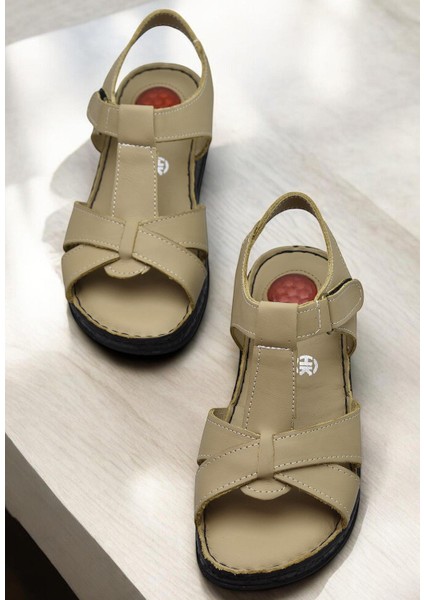 204 Tam Ortopedik Hakiki Deri Kadın Sandalet Topuk Jel Taban Kadın Deri Sandalet