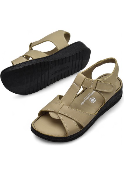 204 Tam Ortopedik Hakiki Deri Kadın Sandalet Topuk Jel Taban Kadın Deri Sandalet