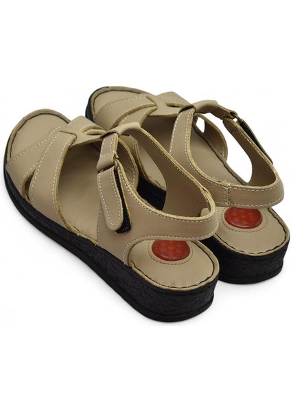 204 Tam Ortopedik Hakiki Deri Kadın Sandalet Topuk Jel Taban Kadın Deri Sandalet