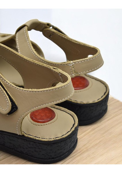 204 Tam Ortopedik Hakiki Deri Kadın Sandalet Topuk Jel Taban Kadın Deri Sandalet