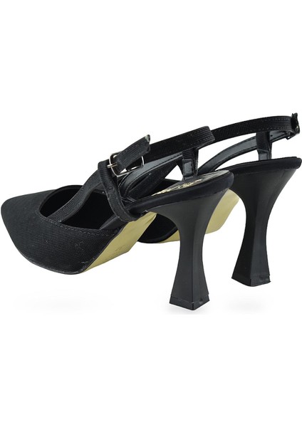 1088 Arkası Açık Kadın Topuklu Ayakkabı 8,5 cm Siyah Simli Abiye Düğün Nişan Kına Gecesi