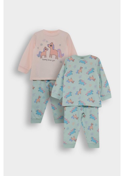 Kız Bebek 4'lü Pijama Takımı Unicorn Baskılı Uzun Kollu Penye Üst Uzun Alt F7201A525AU