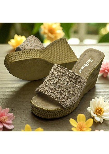 2503 10.5 cm Dolgu Topuklu Kadın Terlik Ayakkabı Düğün Nişan Abiye Kadın Ayakkabısı