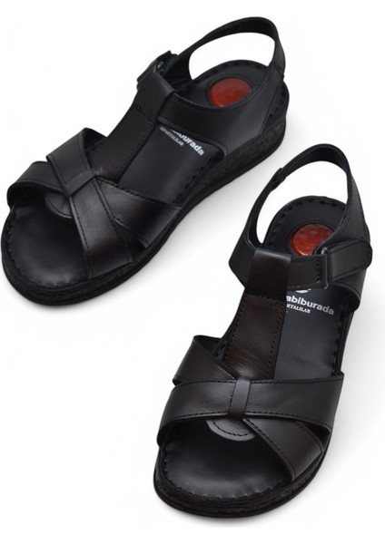 204 Tam Ortopedik Hakiki Deri Kadın Sandalet Topuk Jel Taban Kadın Deri Sandalet