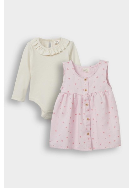 Kız Bebek 2'li Takım Çıtçıtlı Uzun Kollu Body Kalp Desenli Elbise F4636A525AU