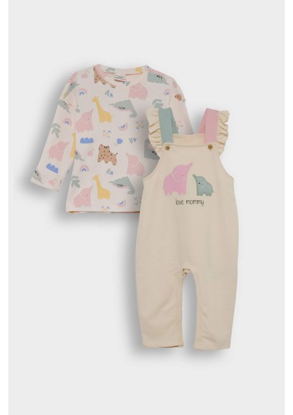 Kız Bebek 2'li Takım Dinozor Baskılı Uzun Kollu Tişört Salopet Tulum F2188A525AU
