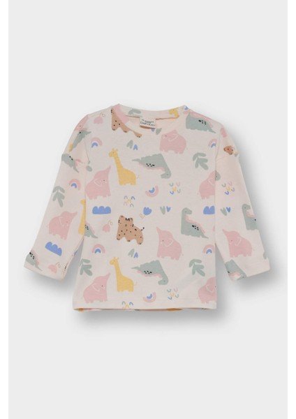 Kız Bebek 2'li Takım Dinozor Baskılı Uzun Kollu Tişört Salopet Tulum F2188A525AU indirimleri