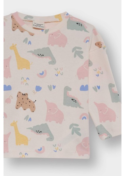 Kız Bebek 2'li Takım Dinozor Baskılı Uzun Kollu Tişört Salopet Tulum F2188A525AU