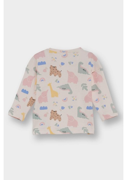 Kız Bebek 2'li Takım Dinozor Baskılı Uzun Kollu Tişört Salopet Tulum F2188A525AU