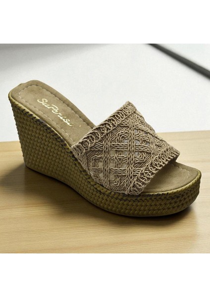 2503 10.5 cm Dolgu Topuklu Kadın Terlik Ayakkabı Düğün Nişan Abiye Kadın Ayakkabısı