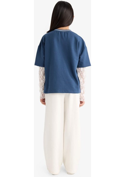 Kız Çocuk 2'li Takım Dantel Detayli Uzun Kollu Tişört Eşofman Altı G1640A825AU